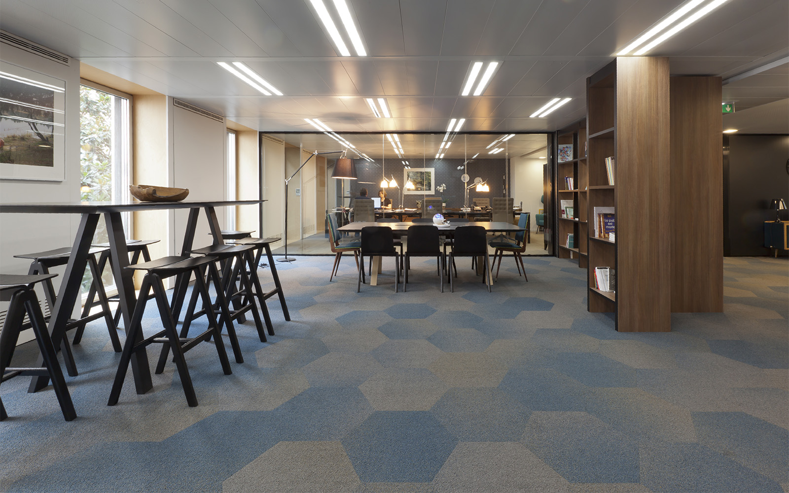hexagon-shaped blue and beige carpet tiles by ege